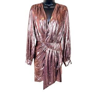 NEW FATE metallic plunge wrap mini dress in rose gold